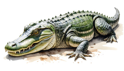Naklejka premium Crocodile resting on riverbank wildlife observation natural habitat close-up reptile behavior