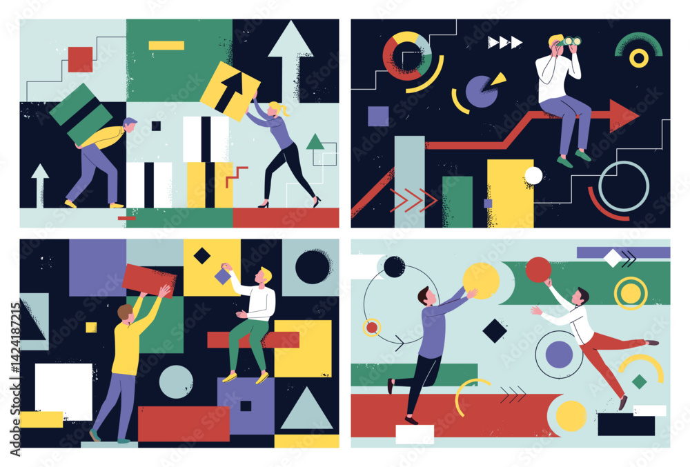Aufkleber abstract people. business teamwork. men and women moving geometric figures together. persons organiz