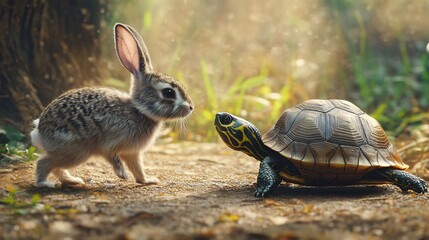 Naklejka premium Curious rabbit looking at a turtle on a sunny day in nature