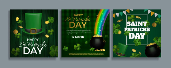 St Patrick day. Irish leprechaun. National holiday party poster. Pot with gold coins. Lucky clover. Green hat and luck money. Ireland festival. Dwarf on rainbow. Vector greeting cards set