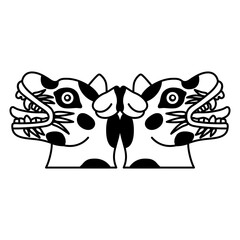 Symmetrical animal design with two dog heads. Itzcuintli. Ethnic Native American art of Mexican Indians from Aztec codex. Black and white silhouette.