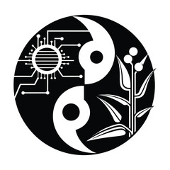 Fototapeta premium Yin-yang symbol with eco and tech halves on white background