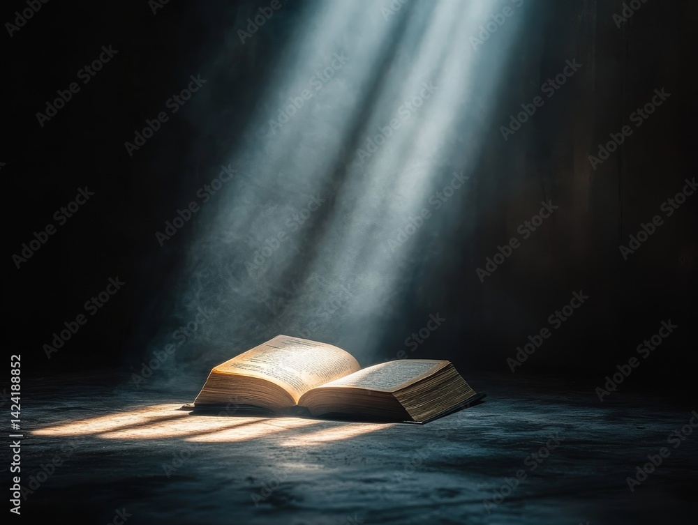 Poster mystical knowledge: an open book bathed in divine light, revealing ancient wisdom and illuminating t
