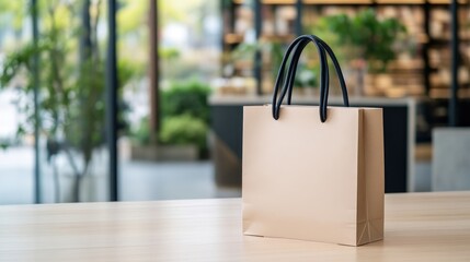 Kraft Paper Shopping Bag Black Handles Minimalist Style High Resolution Soft Lighting Side View Neutral Texture Ready for Branding Blurred Cafe Setting Warm Beige Tones Perfect for Retail Ads