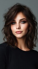 Naklejka premium Young Woman with Beautiful Features and Long Dark Hair Portrait