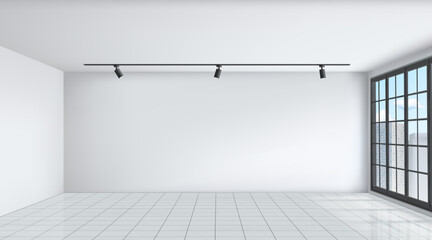 Empty room. Home interior. Tile floor. Ceiling lamp. Light from window. White walls. Clean bedroom. 3d apartments. Office space for furnishing. Architecture design. Vector background