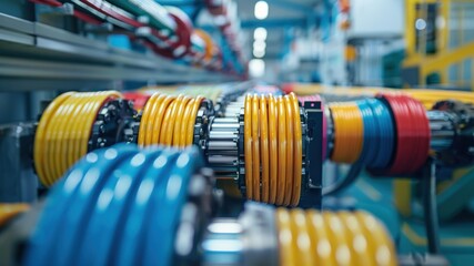 Obraz premium Close-up of industrial cable spools with colorful wiring in a factory setting.