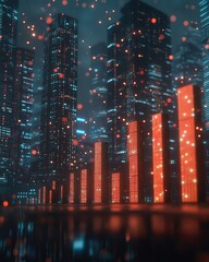 Dynamic 3D illustration of breaking news financial growth with exploding bar graphs and particles