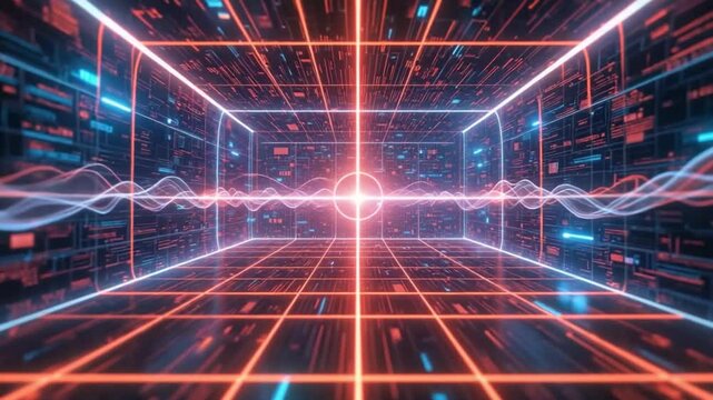 Futuristic Cybernetic Core: Data Stream Visualization with Grid and Signal Waves