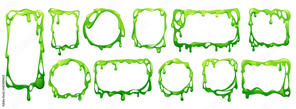 Poster Green slime. Drip frame different shapes, circle and square mucus texture or png sticky splat with copy space for text. Liquid paint or glue blob. Vector melting jelly isolated borders