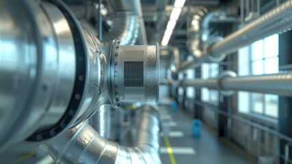 Fototapeta premium Industrial ductwork with metal pipes, ventilation, and air conditioning system.