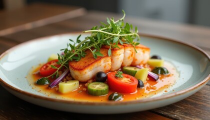 The chef meticulously selects the freshest, highest quality ingredients, including succulent seafood, vibrant seasonal vegetables, and aromatic herbs