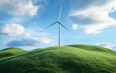 Fototapeta premium A serene landscape featuring a wind turbine surrounded by lush green hills under a vibrant blue sky.