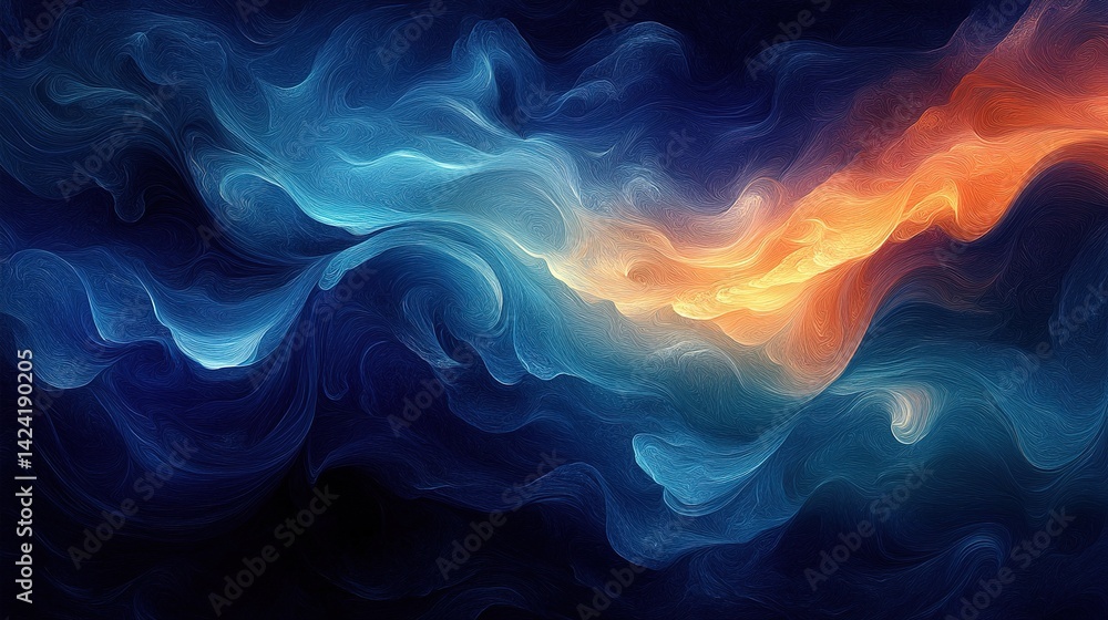 Poster abstract swirling flow of vibrant colors. fluid motion creates dynamic patterns. deep blues and oran
