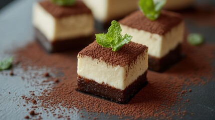 Delicious, miniature tiramisu squares sprinkled with cocoa.
