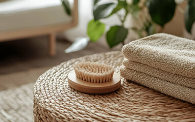 A serene spa setting featuring natural items like a brush and towels, promoting relaxation and wellness.