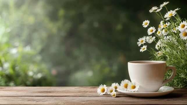 A serene image featuring a white cup of coffee beside vibrant daisies, set against a softly blurred green background, capturing a moment of tranquility and nature's beauty.