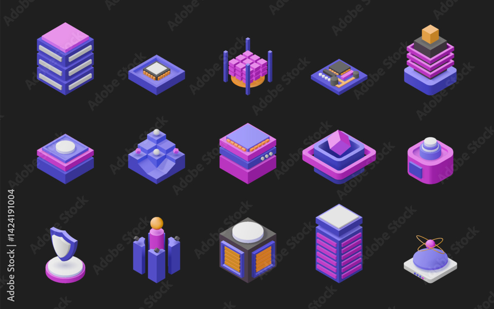 Poster Isometric box. 3d technology cube in digital perspective. Abstract geometry shapes. Futuristic database. Computer microchip. Processor shield. Glowing datacenter. Vector rectangle logo set