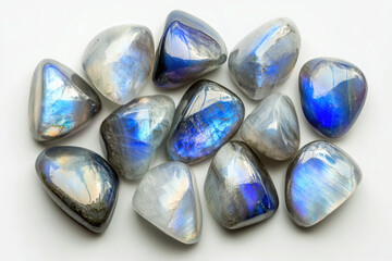 Iridescent moonstone with a unique moonlight-like glow isolated on a white background for an ethereal and artistic concept