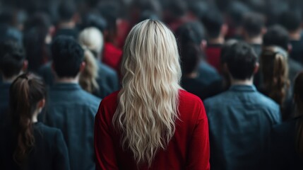 A lone figure in vibrant red attire captures attention among a crowd, emphasizing individual expression within a sea of people, reflecting uniqueness in a shared space.