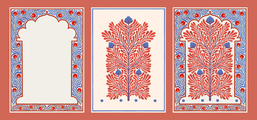 Mughal flowers. Indian floral motif. Turkish tree or traditional bunch. Leaves and fruits on branches. Plant blossoms frame. Pakistan embroidery art. Botanical ornament banners vector set © SpicyTruffel