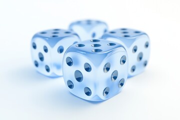 A group of four light blue dice arranged on a white surface closeup view