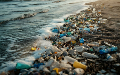 A stunning view of a beach polluted with plastic waste, highlighting the urgent need for environmental awareness.