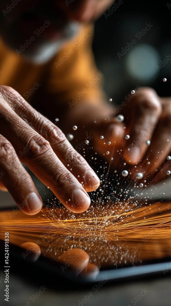 Aufkleber dynamic interaction with technology close up of hands engaging with a tablet in a modern workspace
