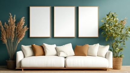 A serene and inviting living room featuring a plush white sofa adorned with decorative cushions, decorated with potted plants and framed artwork on the walls.