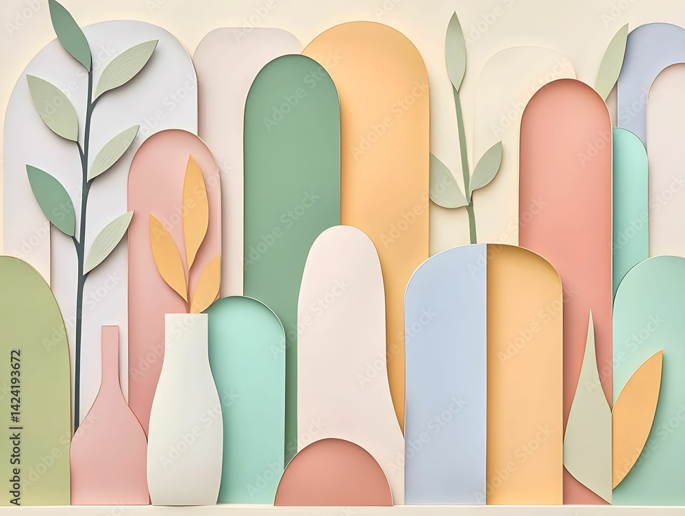 Poster geometric pattern cut-out shapes artistic concept abstract colorful shapes with leaves and vases in 