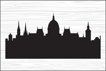 Obraz premium Historic City Skyline Silhouette Vector – Classic European ArchitectureUrban Skyline Silhouette with Domes and Towers – PNG SVG EPS BundleBlack Cityscape Silhouette of Iconic Buildings – Vector Il