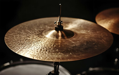 Fototapeta premium Close-up of a shimmering cymbal, showcasing its texture and intricate patterns under soft lighting.