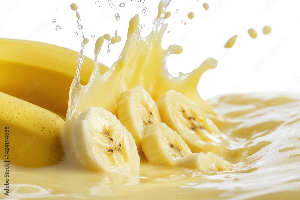 Poster a vibrant splash surrounds sliced bananas creating a dynamic and refreshing fruit filled composition