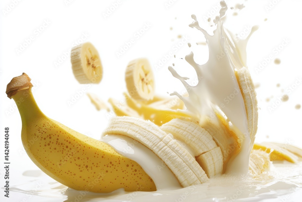 Poster a banana with slices falling into a splash of liquid creating a dynamic and refreshing composition o