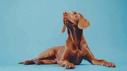 Beautiful hungarian vizsla dog full body studio portrait. Dog lying down and looking up over pastel blue background. Family dog banner.