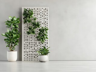 Fototapeta premium Stainless steel office divider with lasercut abstract patterns, thin vertical panels, and a refined industrialchic aesthetic