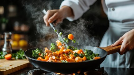 A chef skillfully sautés a vibrant mix of broccoli, carrots, and leafy greens in a steaming wok, showcasing a colorful and healthy culinary experience.