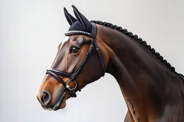 Obraz premium Elegant brown horse in bridle with braided mane against white background. Perfect for equestrian, lifestyle, or animal-themed design projects.