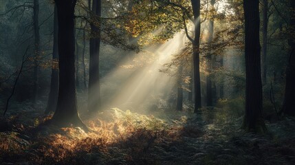 Fototapeta premium Sunlight Filters Through Trees in a Mystical Forest Scene Filled with Soft Light and Natural Beauty