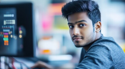 A young man focused on a computer screen, likely engaged in programming or coding.