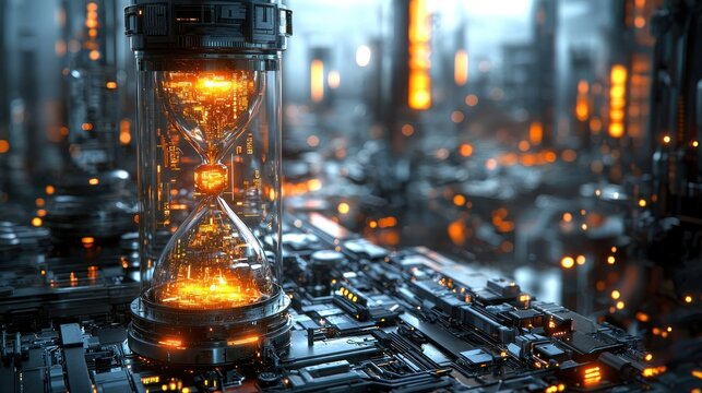 Futuristic hourglass, intricate circuit details, glowing particles