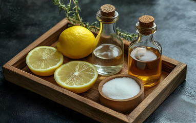 Fresh ingredients on a wooden tray, including lemon slices, oils in glass bottles, and salt for culinary delight.