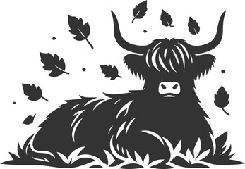 Highland cattle black vector with forest silhouette