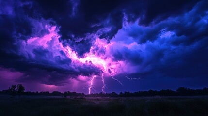 Fototapeta premium Dramatic Purple Lightning Strikes Under Dark Clouds at Dusk