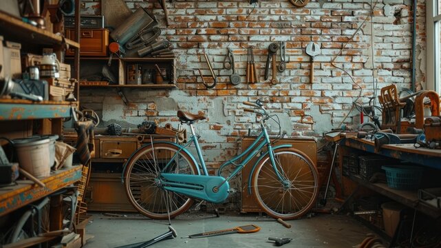 Vintage workshop with a blue bicycle amidst tools and a rustic brick wall.