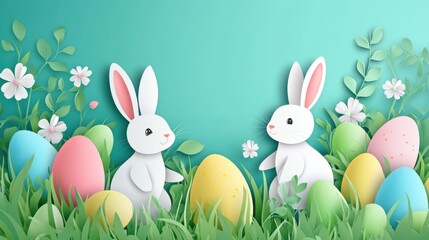 Easter egg hunt announcing poster with white paper cut bunny rabbits in spring lawn grass, hidden colored eggs, party flyer, banner or invitation template layout. Vector illustration. Place for text