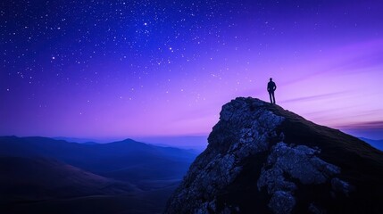 Fototapeta premium A lone figure gazes at the starry sky from a mountain peak during twilight. Nature’s beauty shines in purple hues and bright stars.