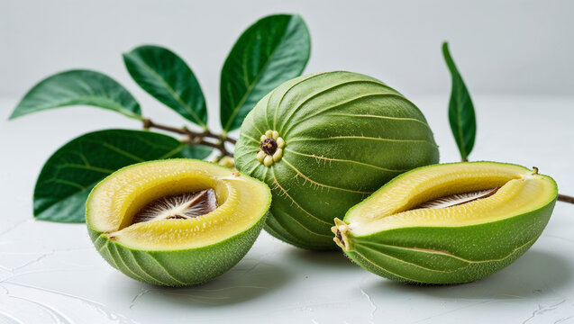 Green Velvet Apples Whole And Halved On White Background With Leaves