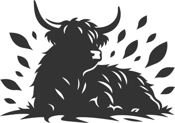Highland cattle black vector with forest silhouette