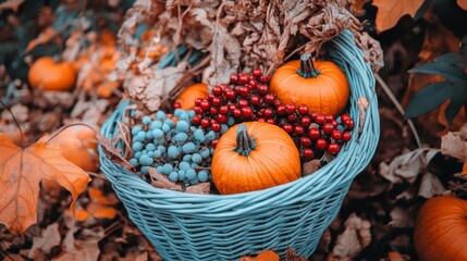 Autumn Harvest Basket: Pumpkins, Berries, and Fall Leaves